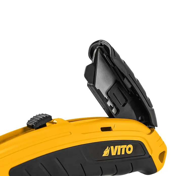 Vito Cúter de seguridad VIFSPR - Anchura de hoja: 19 cm - Cúter VITO amarillo y negro, parcialmente abierto para mostrar el mecanismo de la cuchilla.