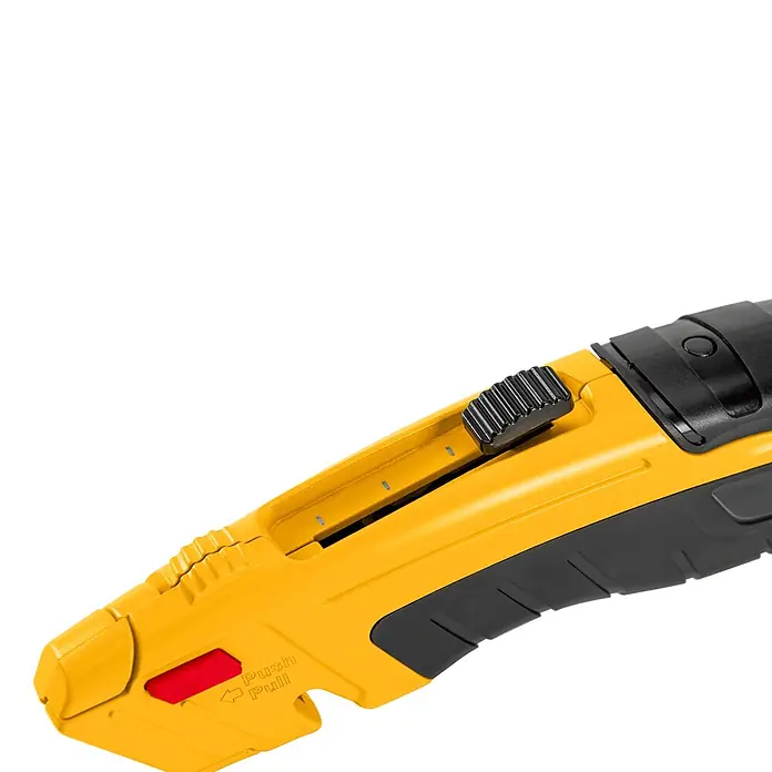 Vito Cúter de seguridad VIFSPR - Anchura de hoja: 19 cm - Cúter amarillo y negro con un botón rojo 'Push Pull' y un control deslizante negro texturizado para la cuchilla.