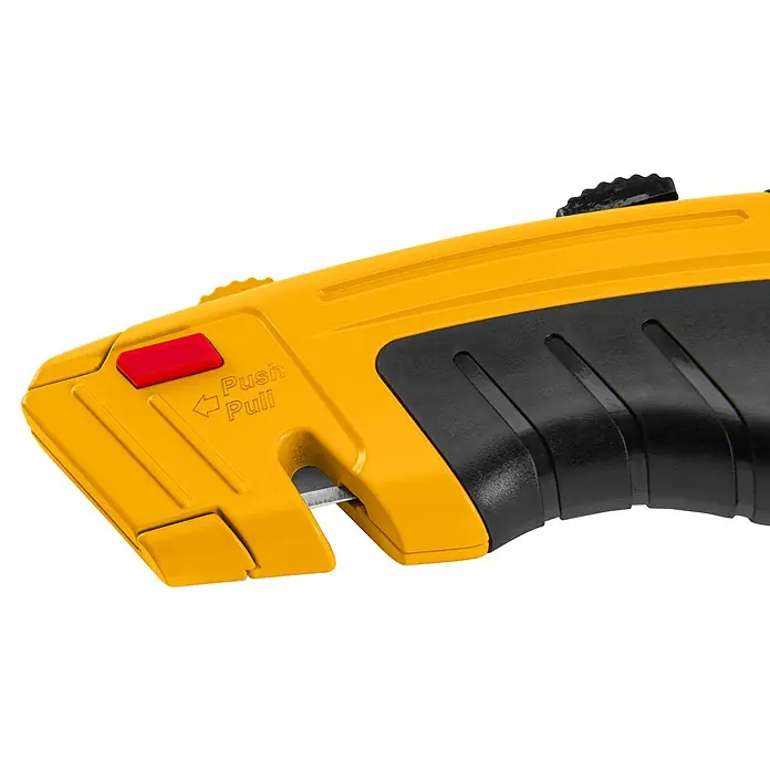 Vito Cúter de seguridad VIFSPR - Anchura de hoja: 19 cm - Cúter amarillo y negro con botón rojo "Push Pull" para el accionamiento de la cuchilla y hoja plateada visible.
