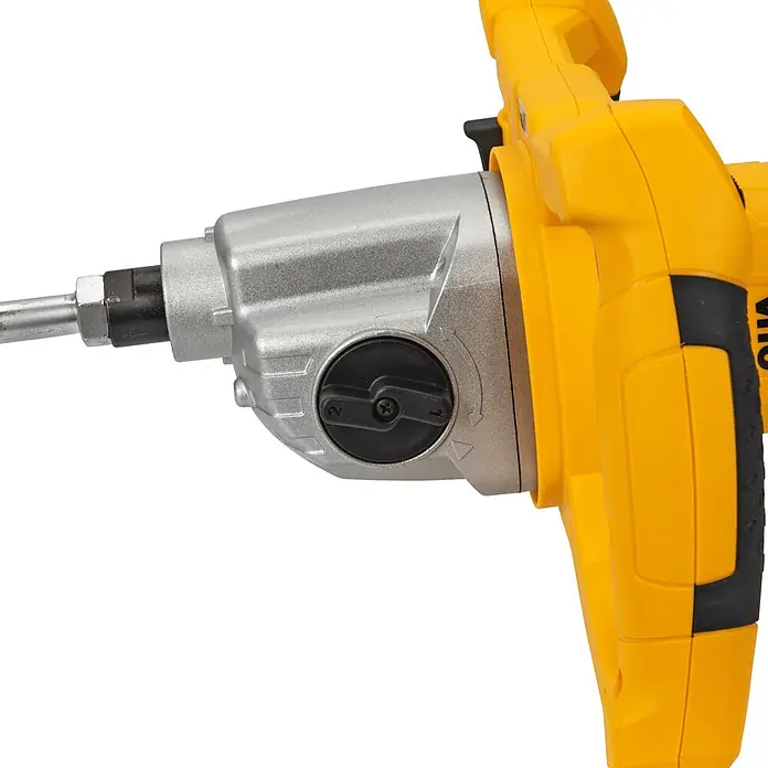Vito Mezclador de pintura y mortero VIMCC1400A - 1.400 W, M 14 - Mezcladora eléctrica amarilla y plateada con dial selector de velocidad visible y varilla mezcladora.