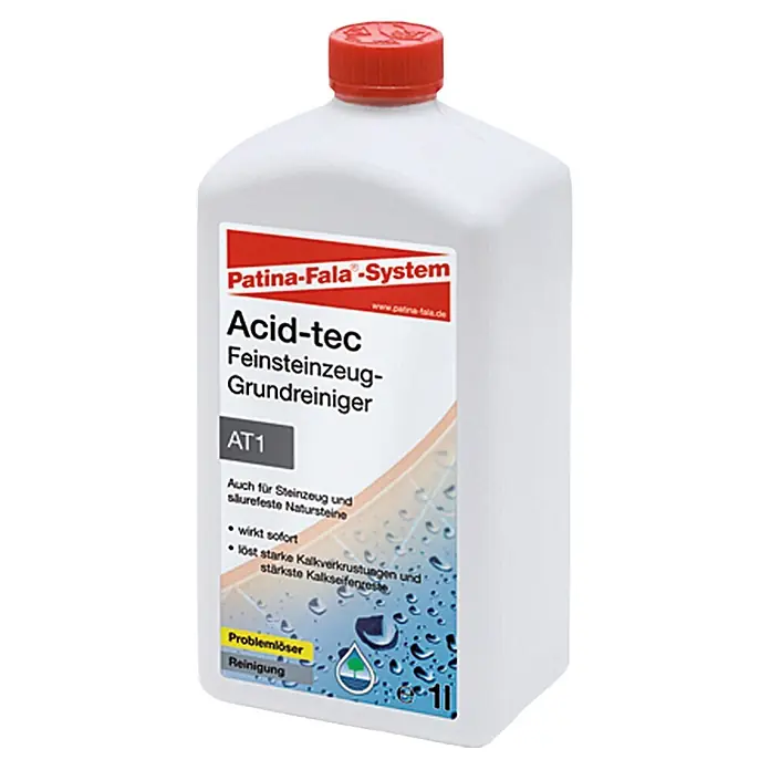 Patina-Fala Grundreiniger Acid-Tec - 1 l, Materialeignung: Fliesen - Flasche Patina-Fala Acid-tec Feinsteinzeug-Grundreiniger AT1. Löst Kalkverkrustungen und Kalkseifenreste für Steinzeug und säurefeste Natursteine.