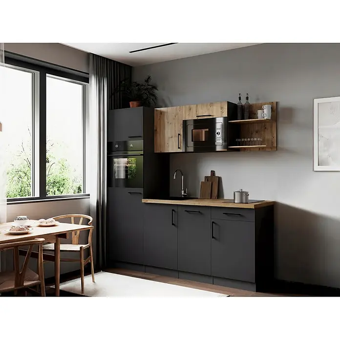 Respekta Oliver Singleküche - Breite: 205 cm, Grau/Holz, Kochfeld | Geschirrspüler | Kühlschrank | Mikrowelle | Backofen - Modernes Küchenset mit dunkelgrauen Schränken, Holz-Arbeitsplatten, integriertem Backofen und Mikrowelle, in einem stilvollen Essbereich.
