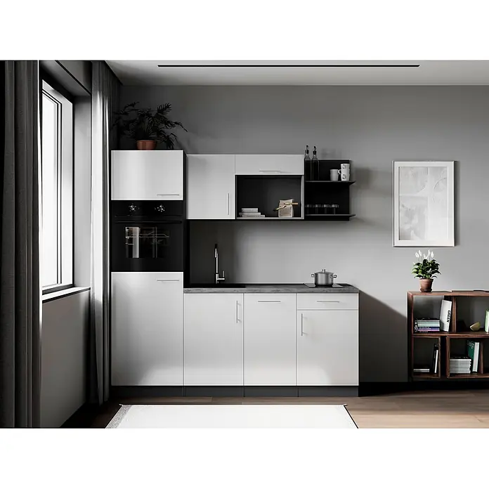 Respekta Oliver Singleküche - Breite: 205 cm, Weiß, Geschirrspüler | Kochfeld | Kühlschrank | Backofen - Moderne Küche mit weißen Schränken, dunkelgrauer Arbeitsplatte, schwarzen Geräten und Regalen.