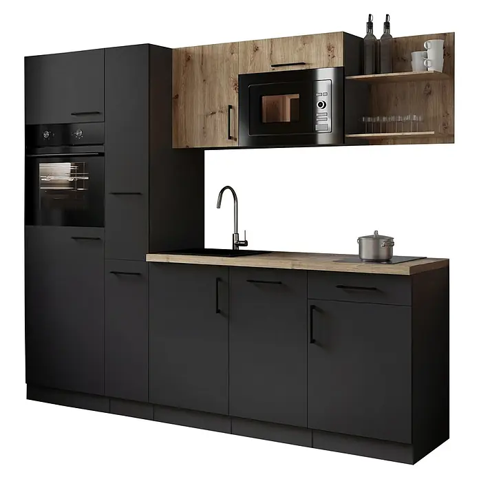 Respekta Oliver Küchenzeile - Breite: 235 cm, Grau/Holz, Geschirrspüler | Kochfeld | Kühlschrank | Backofen | Mikrowelle - Moderne dunkelgraue Küchenzeile mit Holzdetails, integriertem Ofen, Mikrowelle, Spüle und Kochfeld.
