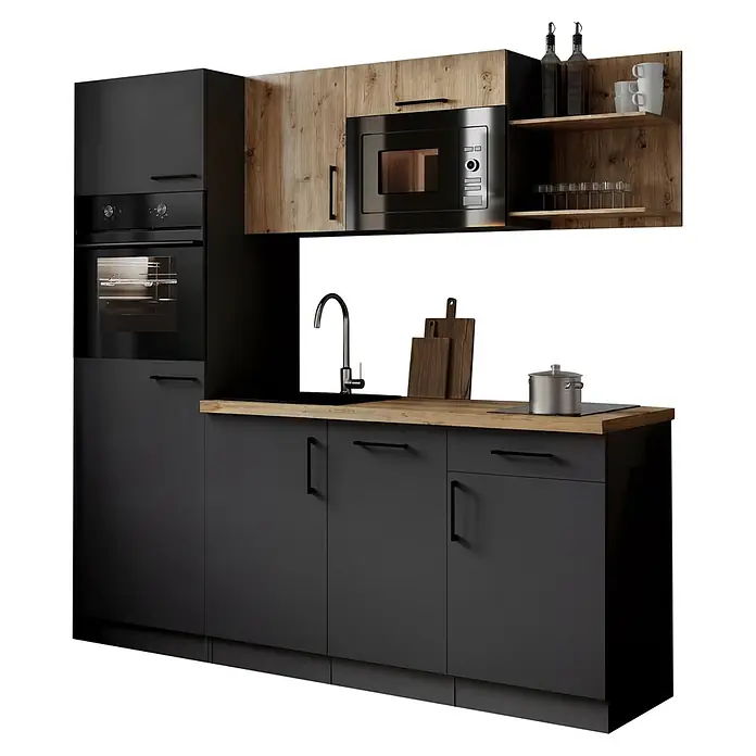 Respekta Oliver Singleküche - Breite: 205 cm, Grau/Holz, Kochfeld | Geschirrspüler | Kühlschrank | Mikrowelle | Backofen - Moderne Küche in Dunkelgrau und Holzoptik mit Backofen, Mikrowelle, Spüle und Regalen.