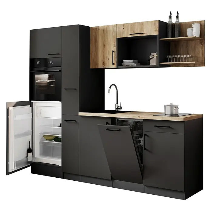 Respekta Oliver Küchenzeile - Breite: 235 cm, Grau/Holz, Geschirrspüler | Kochfeld | Kühlschrank | Backofen - Moderne dunkelgraue Modulküche mit Holzdetails, integriertem Backofen, Kühlschrank und offener Spülmaschine, Spüle und Kochfeld mit Topf.