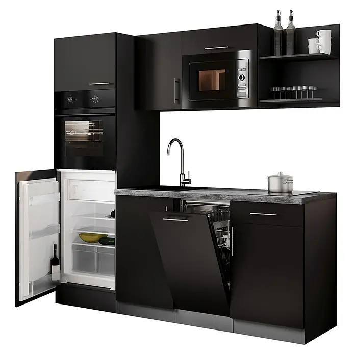 Respekta Oliver Singleküche - Breite: 205 cm, Schwarz, Kochfeld | Geschirrspüler | Kühlschrank | Mikrowelle | Backofen - Modulare schwarze Küchenzeile mit integriertem Backofen, Mikrowelle, Spüle, offenem Kühlschrank und Geschirrspüler.
