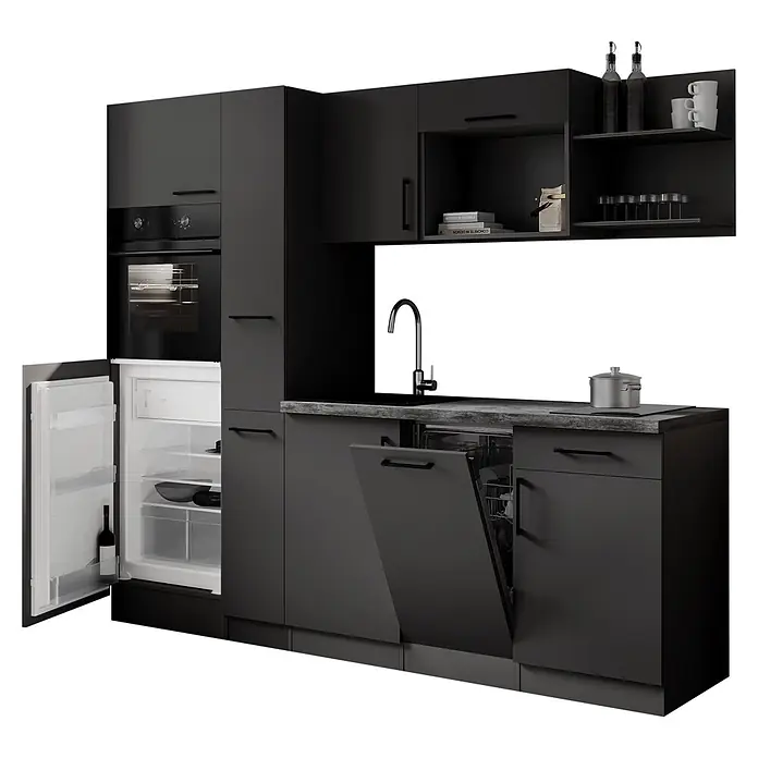 Respekta Oliver Küchenzeile - Breite: 235 cm, Grau, Geschirrspüler | Kochfeld | Kühlschrank | Backofen - Dunkelgraue moderne Küchenzeile mit integriertem offenem Kühlschrank, offener Spülmaschine, Backofen, Spüle und verschiedenen Schränken, Regalen, Arbeitsplatte.