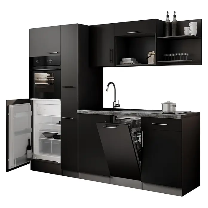 Respekta Oliver Küchenzeile - Breite: 235 cm, Schwarz, Geschirrspüler | Kochfeld | Kühlschrank | Backofen - Dunkelgraue und schwarze modulare Küchenzeile mit Backofen, offenem Kühlschrank, Spülmaschine, Spüle, Kochfeld und offenen Regalen.