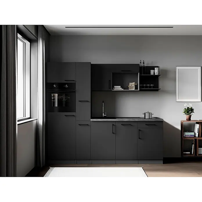 Respekta Oliver Küchenzeile - Breite: 235 cm, Grau, Geschirrspüler | Kochfeld | Kühlschrank | Backofen - Moderne dunkelgraue Küche mit integriertem Ofen, Spüle und Arbeitsplatte neben einem Fenster.