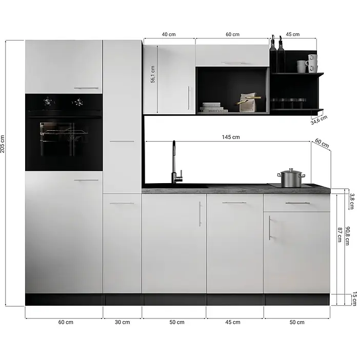Respekta Oliver Küchenzeile - Breite: 235 cm, Weiß, Geschirrspüler | Kochfeld | Kühlschrank | Backofen - Weiße Küchenzeile mit Backofen, Spüle und dunkler Arbeitsplatte, inklusive detaillierter Maße.