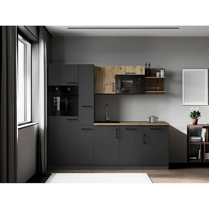 Respekta Oliver Küchenzeile - Breite: 235 cm, Grau/Holz, Geschirrspüler | Kochfeld | Kühlschrank | Backofen | Mikrowelle - Dunkelgraue Modulküche mit Holz-Arbeitsplatten und Oberschränken, inkl. Backofen, Mikrowelle und Spüle.