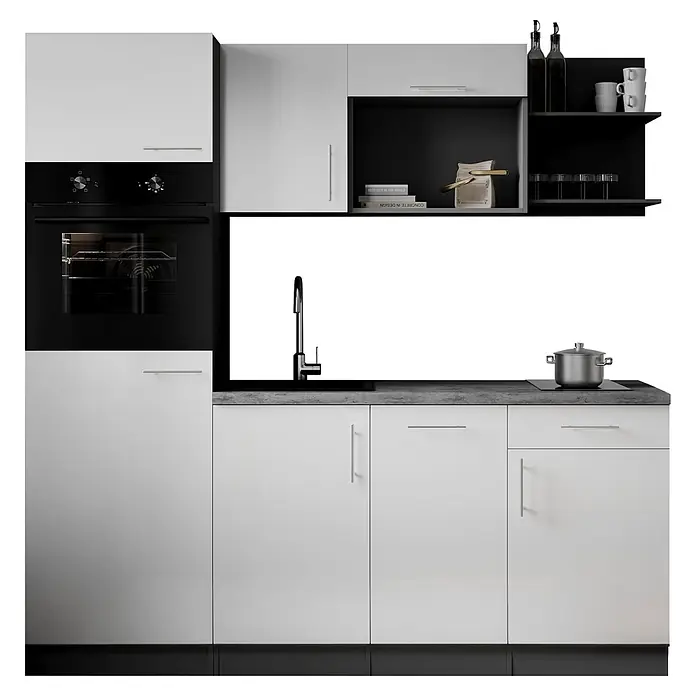 Respekta Oliver Singleküche - Breite: 205 cm, Weiß, Geschirrspüler | Kochfeld | Kühlschrank | Backofen - Moderne weiß-schwarze Küche mit Einbauofen, Spüle, Kochfeld und offenen Regalen.