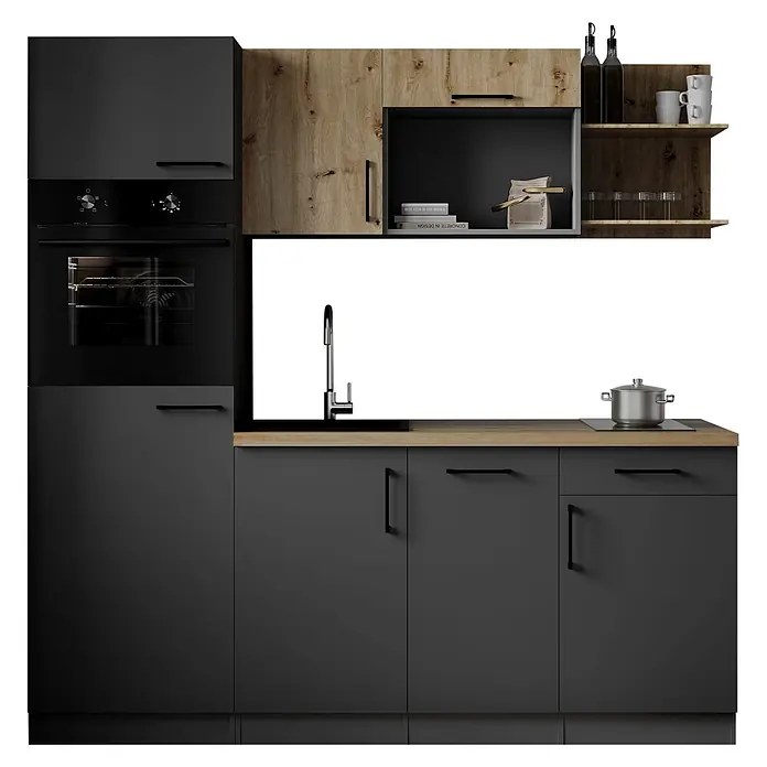 Respekta Oliver Singleküche - Breite: 205 cm, Grau/Holz, Geschirrspüler | Kochfeld | Kühlschrank | Backofen - Moderne dunkelgraue und Holz-Küche mit integriertem Backofen, Spüle, heller Holztheke und offenen Regalen.