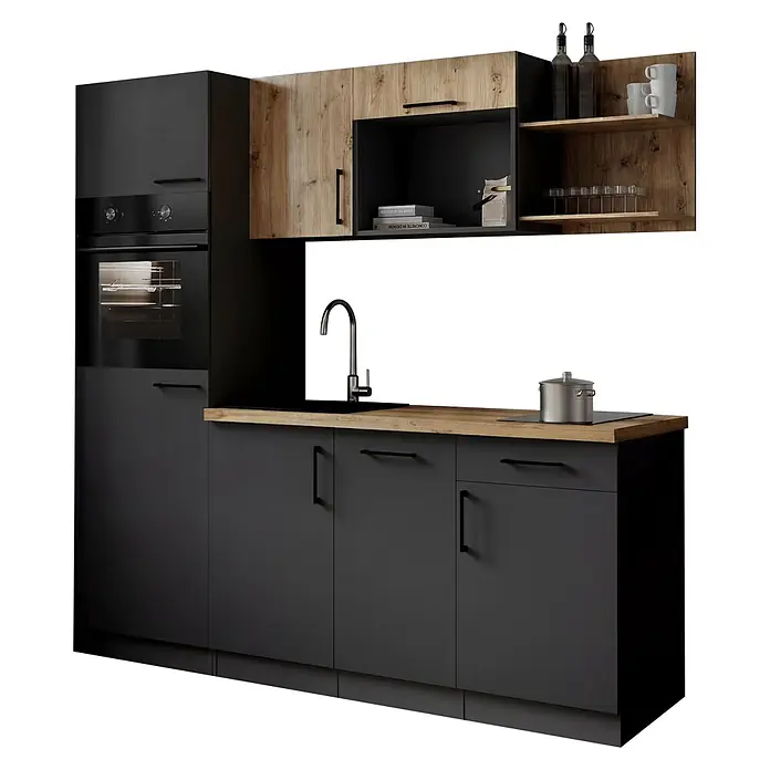 Respekta Oliver Singleküche - Breite: 205 cm, Grau/Holz, Geschirrspüler | Kochfeld | Kühlschrank | Backofen - Moderne Küche mit dunkelgrauen Schränken, Holz-Arbeitsplatten und Holz-Oberschränken, inkl. integriertem Ofen, Spüle und Kochfeld.