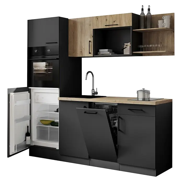 Respekta Oliver Singleküche - Breite: 205 cm, Grau/Holz, Geschirrspüler | Kochfeld | Kühlschrank | Backofen - Moderne Küche mit schwarzen und Holz-Optik-Schränken, integriertem Backofen, Kühlschrank, Spüle und Geschirrspüler.