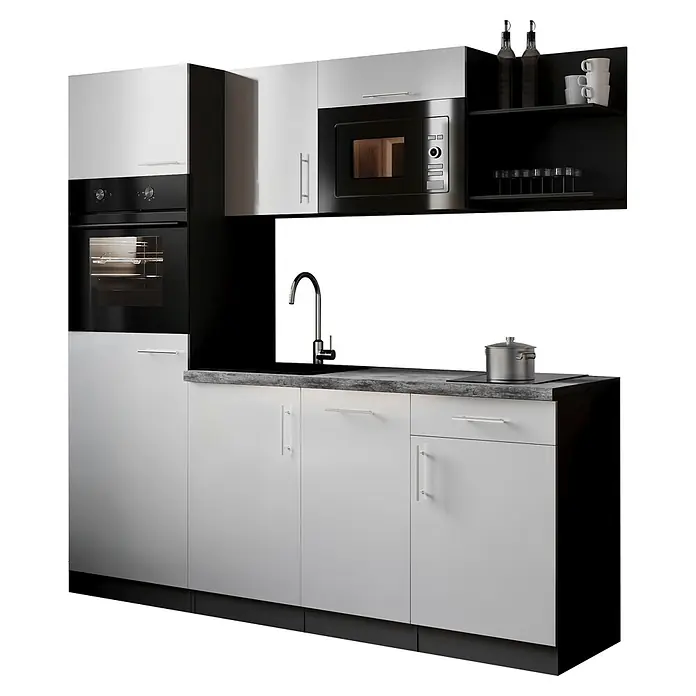 Respekta Oliver Singleküche - Breite: 205 cm, Weiß, Kochfeld | Geschirrspüler | Kühlschrank | Mikrowelle | Backofen - Moderne weiß-schwarze Küchenzeile mit integriertem Backofen, Mikrowelle und Spüle, Edelstahl-Details.