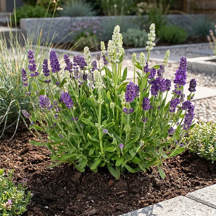 Piardino Lavendel - Lavandula angustifolia, Topfgröße: 13 cm, Blau-Weiß - Eine leuchtende Lavendelpflanze mit lila und weißen Blütenrispen, wachsend in dunkler Gartenerde neben Pflastersteinen.