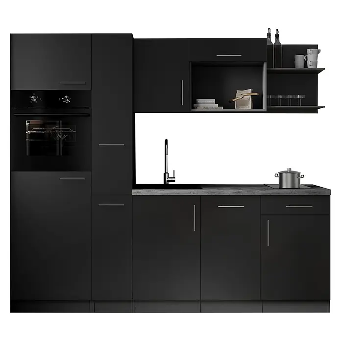 Respekta Oliver Küchenzeile - Breite: 235 cm, Schwarz, Geschirrspüler | Kochfeld | Kühlschrank | Backofen - Moderne schwarze Küche mit Einbauofen, Spüle, Kochfeld, dunkler Arbeitsplatte und offenen Regalen.