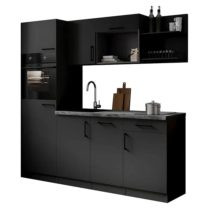 Respekta Oliver Singleküche - Breite: 205 cm, Grau, Geschirrspüler | Kochfeld | Kühlschrank | Backofen - Moderne schwarze Küche mit integriertem Backofen, Spüle und Kochfeld, dunklen Schränken, Griffen und einer grauen Arbeitsplatte.