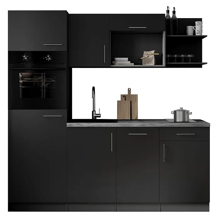 Respekta Oliver Singleküche - Breite: 205 cm, Schwarz, Geschirrspüler | Kochfeld | Kühlschrank | Backofen - Moderne schwarze Einbauküche mit integriertem Ofen, Spüle, Kochfeld und Schränken, dunkle Arbeitsplatte und Regale mit minimalistischer Deko.