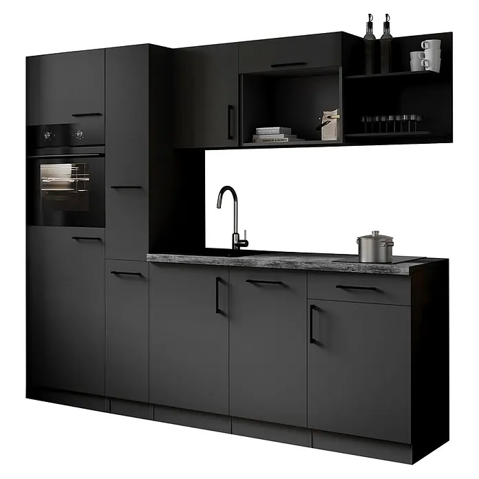 Respekta Oliver Küchenzeile - Breite: 235 cm, Grau, Geschirrspüler | Kochfeld | Kühlschrank | Backofen - Dunkelgraue moderne Küche mit matten Schränken, integriertem Backofen, Spüle und offenen Regalen. Dunkle gesprenkelte Arbeitsplatte.