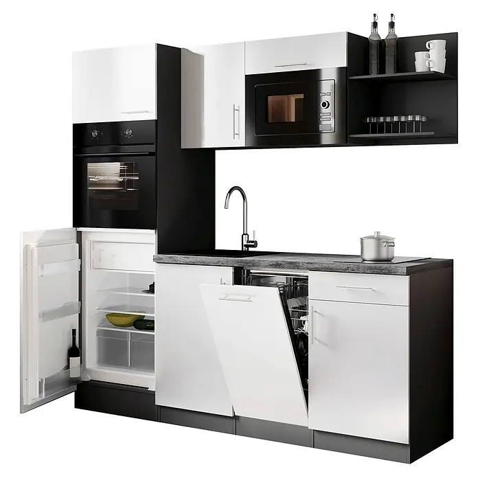 Respekta Oliver Singleküche - Breite: 205 cm, Weiß, Kochfeld | Geschirrspüler | Kühlschrank | Mikrowelle | Backofen - Moderne weiß-schwarze Küchenzeile mit offenem Kühlschrank und Geschirrspüler, integriertem Backofen, Mikrowelle und Spüle.