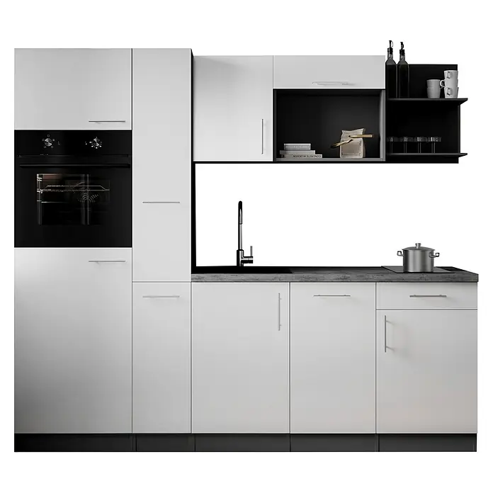 Respekta Oliver Küchenzeile - Breite: 235 cm, Weiß, Geschirrspüler | Kochfeld | Kühlschrank | Backofen - Moderne Küche mit weißen Schränken, einem schwarzen Einbauofen, dunkelgrauer Arbeitsplatte, Spüle und Induktionskochfeld mit Topf.