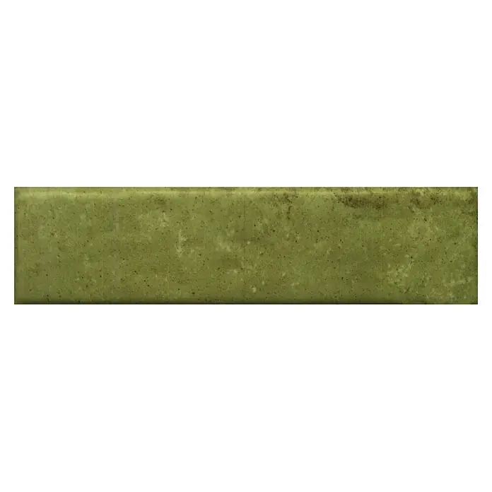 Wandfliese Portofino - 6,5 x 26 cm, Musk, Glänzend - Rechteckige olivgrüne Fliese mit einer marmorierten, natursteinähnlichen Textur und dunkleren Sprenkeln.