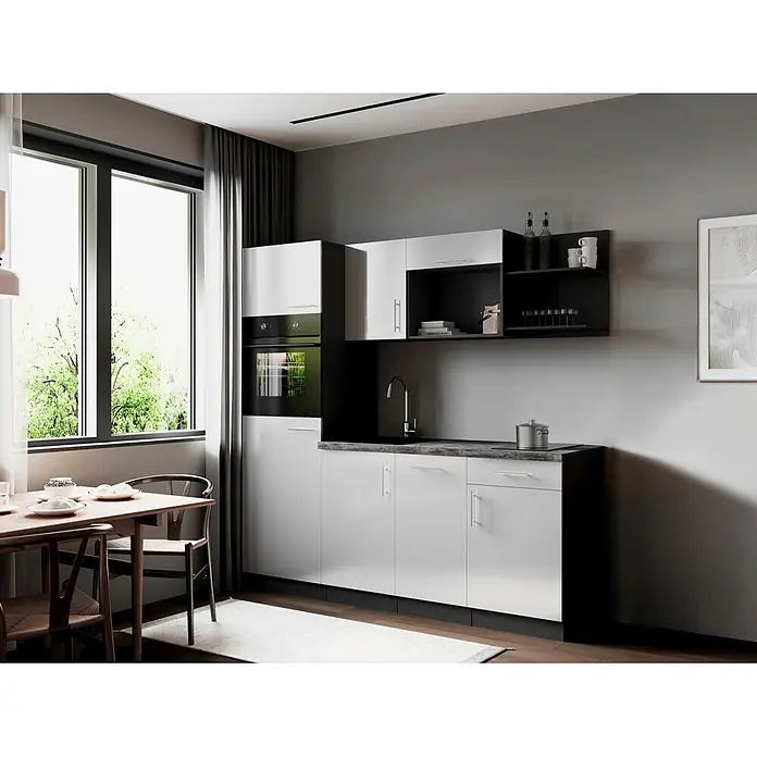 Respekta Oliver Singleküche - Breite: 205 cm, Weiß, Geschirrspüler | Kochfeld | Kühlschrank | Backofen - Moderne weiß-dunkelgraue Küchenschränke mit integriertem Backofen und Spüle, in einem zeitgenössischen Essbereich.