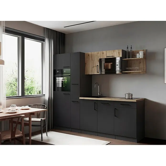 Respekta Oliver Küchenzeile - Breite: 235 cm, Grau/Holz, Geschirrspüler | Kochfeld | Kühlschrank | Backofen | Mikrowelle - Moderne Küche mit dunkelgrauen Schränken, Holzplatten und einem Essbereich am Fenster.