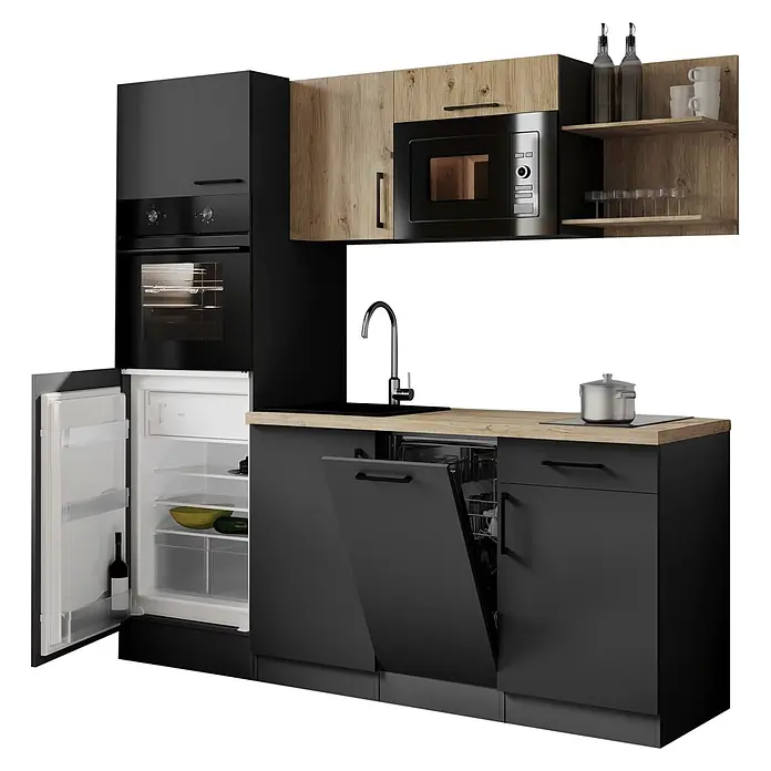 Respekta Oliver Singleküche - Breite: 205 cm, Grau/Holz, Kochfeld | Geschirrspüler | Kühlschrank | Mikrowelle | Backofen - Moderne Küche mit schwarzen Schränken und Holzdetails, ausgestattet mit integriertem Backofen, Mikrowelle, offenem Kühlschrank und offener Spülmaschine.