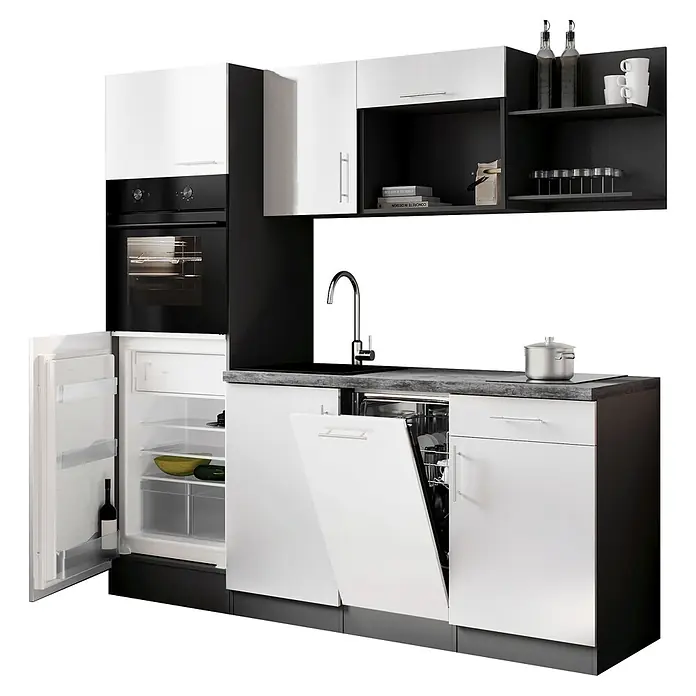 Respekta Oliver Singleküche - Breite: 205 cm, Weiß, Geschirrspüler | Kochfeld | Kühlschrank | Backofen - Moderne schwarz-weiße Küchenzeile mit integriertem Backofen, geöffnetem Kühlschrank, geöffnetem Geschirrspüler, Spüle und Kochfeld.