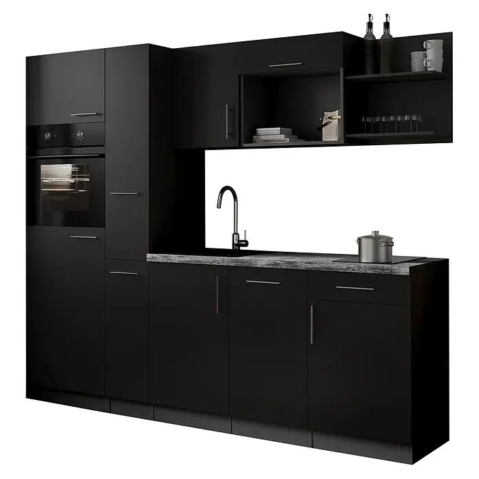 Respekta Oliver Küchenzeile - Breite: 235 cm, Schwarz, Geschirrspüler | Kochfeld | Kühlschrank | Backofen - Moderne schwarze Küchenzeile mit integriertem Backofen, Spüle, Kochfeld und viel Stauraum in Schränken und Regalen.