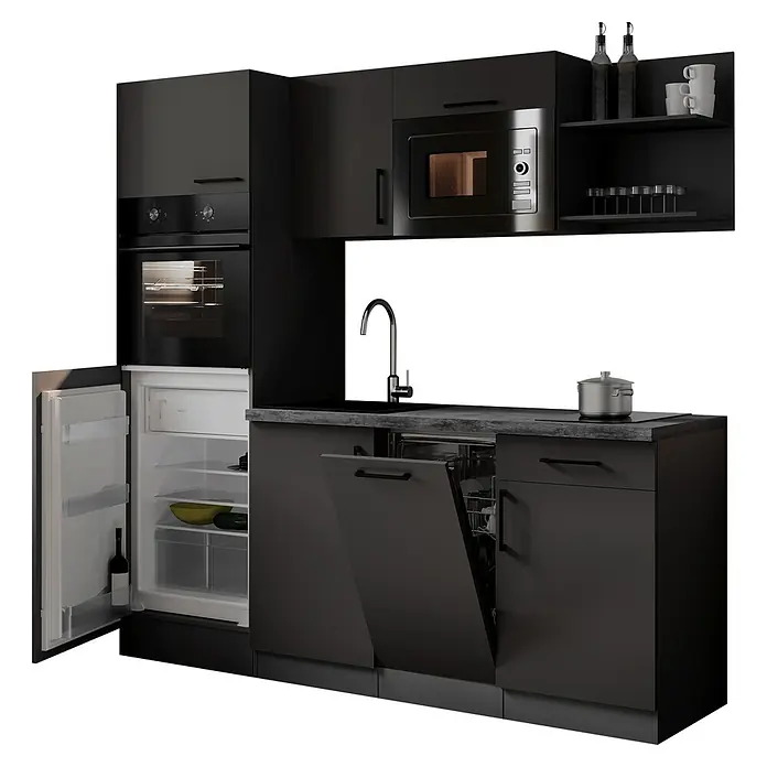 Respekta Oliver Singleküche - Breite: 205 cm, Grau, Kochfeld | Geschirrspüler | Kühlschrank | Mikrowelle | Backofen - Eine elegante, schwarze modulare Küchenzeile mit integriertem Backofen, Mikrowelle, Kühlschrank, Geschirrspüler, Spüle und Kochfeld.