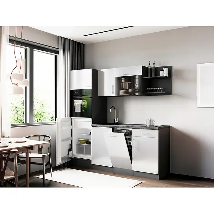 Respekta Oliver Singleküche - Breite: 205 cm, Weiß, Kochfeld | Geschirrspüler | Kühlschrank | Mikrowelle | Backofen - Moderne weiß-schwarze Küche mit Einbaugeräten und Essbereich neben einem hellen Fenster.
