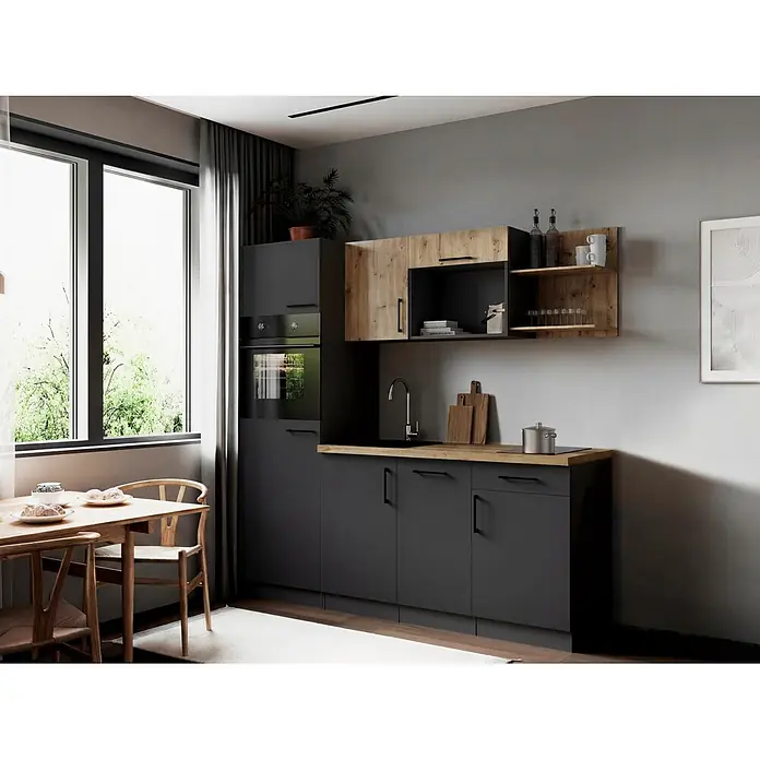 Respekta Oliver Singleküche - Breite: 205 cm, Grau/Holz, Geschirrspüler | Kochfeld | Kühlschrank | Backofen - Moderne Küche: dunkelgraue Mattschränke, helle Holz-Arbeitsplatten und passende Holz-Akzente oben, mit integriertem Ofen, Spüle und Kochfeld.