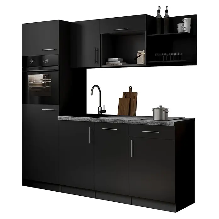Respekta Oliver Singleküche - Breite: 205 cm, Schwarz, Geschirrspüler | Kochfeld | Kühlschrank | Backofen - Moderne schwarze Küchenzeile mit Backofen, Spüle, dunkler Arbeitsplatte und silbernen Griffen.