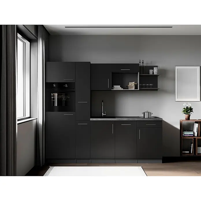 Respekta Oliver Küchenzeile - Breite: 235 cm, Schwarz, Geschirrspüler | Kochfeld | Kühlschrank | Backofen - Moderne dunkelgraue Küchenzeile mit integriertem Backofen, Spüle und Kochfeld.