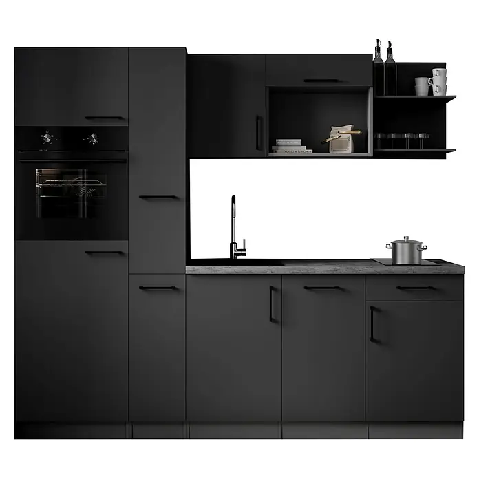 Respekta Oliver Küchenzeile - Breite: 235 cm, Grau, Geschirrspüler | Kochfeld | Kühlschrank | Backofen - Moderne matte schwarze Küche mit Einbauofen, Spüle, Kochfeld und offenen Regalen.