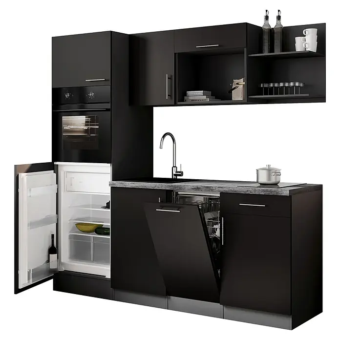 Respekta Oliver Singleküche - Breite: 205 cm, Schwarz, Geschirrspüler | Kochfeld | Kühlschrank | Backofen - Moderne dunkelgraue Küchenzeile mit integriertem Backofen, Kühlschrank, Geschirrspüler und Spüle, schwarzen Schränken und strukturierter Arbeitsplatte.