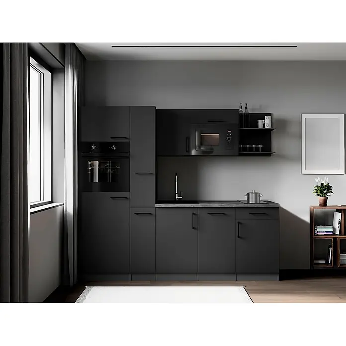 Respekta Oliver Küchenzeile - Breite: 235 cm, Grau, Geschirrspüler | Kochfeld | Kühlschrank | Backofen | Mikrowelle - Moderne Küche mit dunkelgrauen Schränken, Einbauofen, Mikrowelle und Spüle.