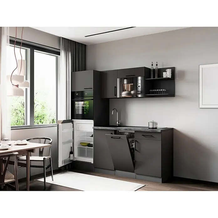 Respekta Oliver Singleküche - Breite: 205 cm, Grau, Kochfeld | Geschirrspüler | Kühlschrank | Mikrowelle | Backofen - Moderne dunkelgraue Küche mit Geräten, Spüle und Essbereich am Fenster.