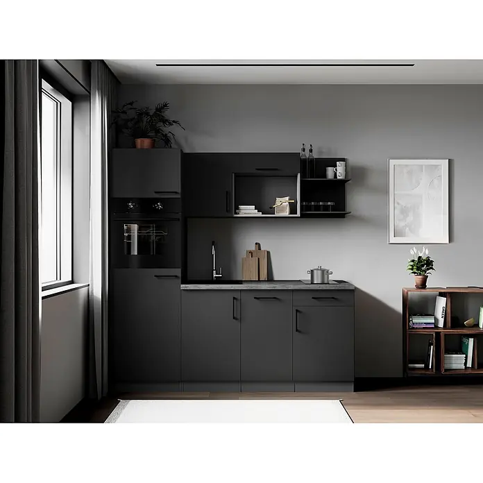 Respekta Oliver Singleküche - Breite: 205 cm, Grau, Geschirrspüler | Kochfeld | Kühlschrank | Backofen - Eine kompakte, moderne dunkelgraue Küchenzeile mit integriertem Backofen, Spüle und Stauraum.