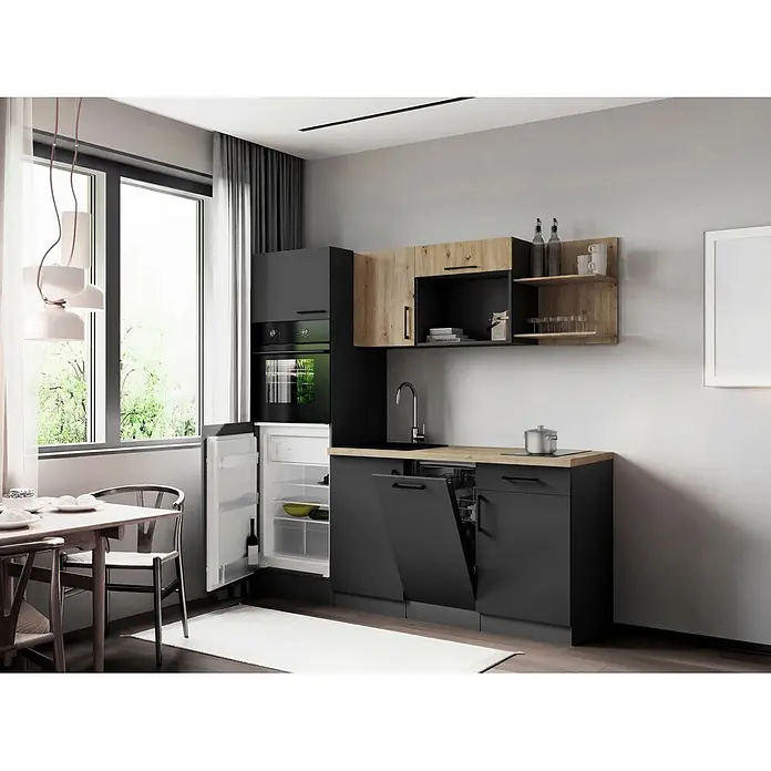 Respekta Oliver Singleküche - Breite: 205 cm, Grau/Holz, Geschirrspüler | Kochfeld | Kühlschrank | Backofen - Moderne Küche mit schwarzen Schränken und Holzoptik-Arbeitsplatten, integrierten Geräten und einem Essbereich.