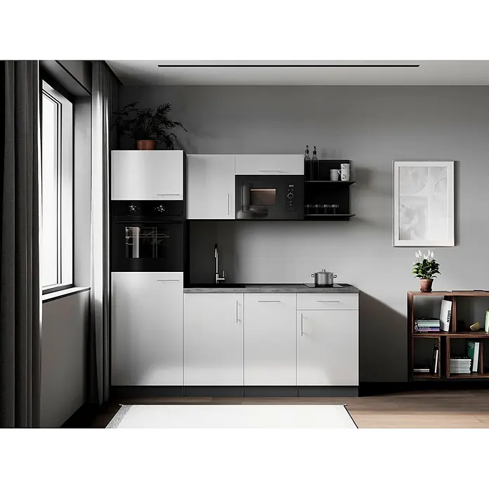 Respekta Oliver Singleküche - Breite: 205 cm, Weiß, Kochfeld | Geschirrspüler | Kühlschrank | Mikrowelle | Backofen - Eine moderne Küche mit weißen Schränken, schwarzem integrierten Backofen und Mikrowelle, dunkelgrauer Arbeitsplatte, Spüle und Kochfeld.