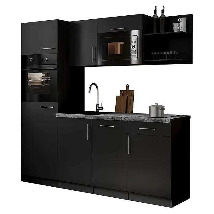 Respekta Oliver Singleküche - Breite: 205 cm, Schwarz, Kochfeld | Geschirrspüler | Kühlschrank | Mikrowelle | Backofen - Moderne schwarze Küchenzeile mit integriertem Backofen, Mikrowelle, Spüle und viel Stauraum.
