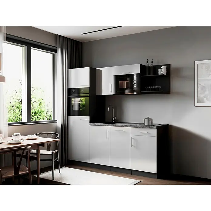 Respekta Oliver Singleküche - Breite: 205 cm, Weiß, Kochfeld | Geschirrspüler | Kühlschrank | Mikrowelle | Backofen - Moderne Küche mit weißen und schwarzen Schränken, Einbaugeräten, dunkler Arbeitsplatte und Holzesstisch am Fenster.