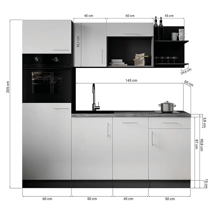 Respekta Oliver Singleküche - Breite: 205 cm, Weiß, Geschirrspüler | Kochfeld | Kühlschrank | Backofen - Moderne Küche mit weißen Schränken, dunkler Arbeitsplatte, eingebautem Ofen, Spüle und Kochfeld, mit Hängeschränken und offenen Regalen.