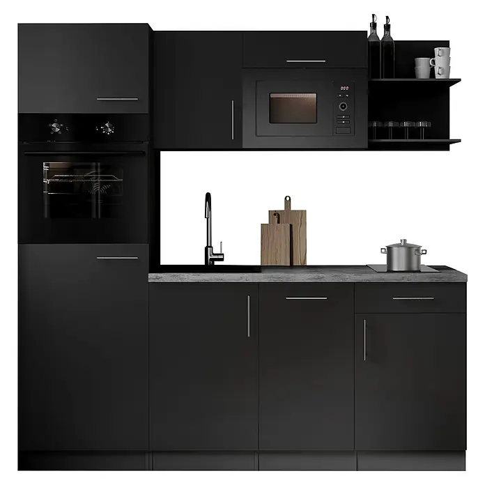 Respekta Oliver Singleküche - Breite: 205 cm, Schwarz, Kochfeld | Geschirrspüler | Kühlschrank | Mikrowelle | Backofen - Moderne schwarze Küchenzeile mit Backofen, Mikrowelle, Spüle, Kochfeld, grauer Arbeitsplatte und offenen Regalen.